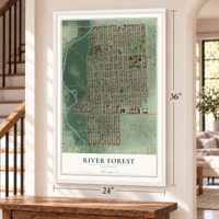 River Forest, Illinois map, 24 x 36 inch print in a white frame by a staircase