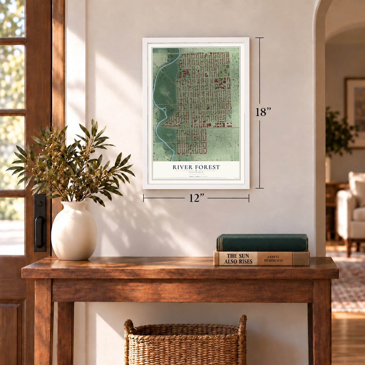 River Forest, Illinois map, 12 x 18 inch print in a white frame in an entryway