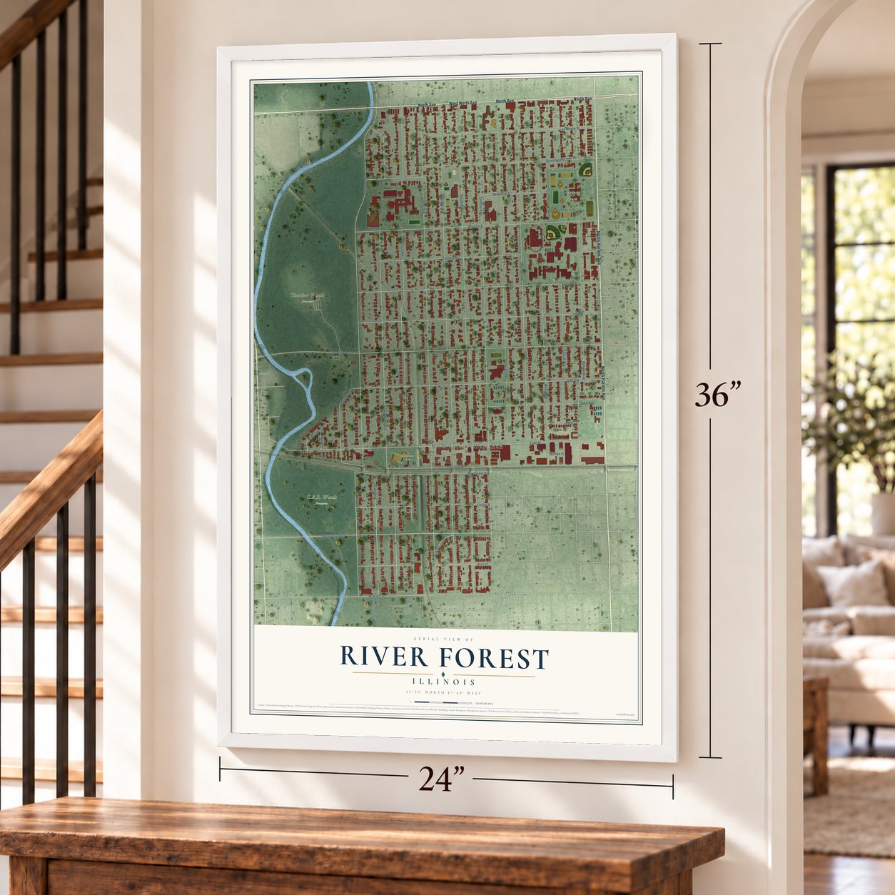 River Forest, Illinois map, 24 x 36 inch print in a white frame by a staircase