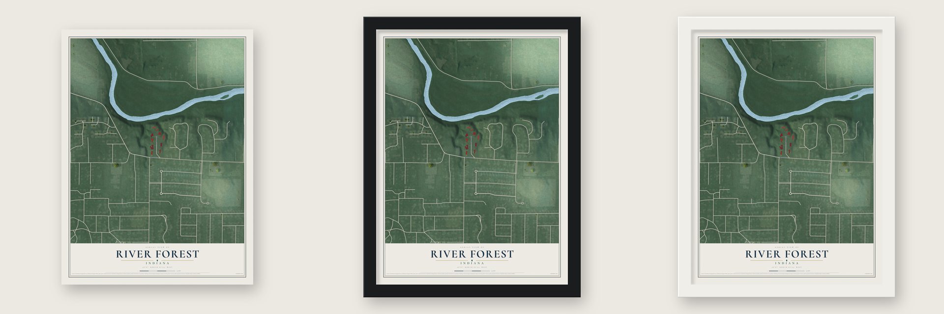 River Forest, Indiana map unframed, in a black wood frame and in a white wood frame