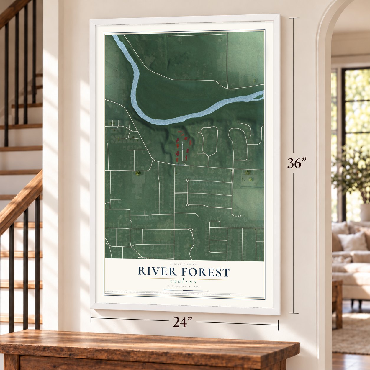 River Forest, Indiana map, 24 x 36 inch print in a white frame by a staircase