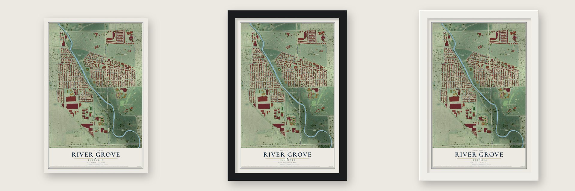 River Grove, Illinois map unframed, in a black wood frame and in a white wood frame