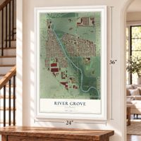 River Grove, Illinois map, 24 x 36 inch print in a white frame by a staircase
