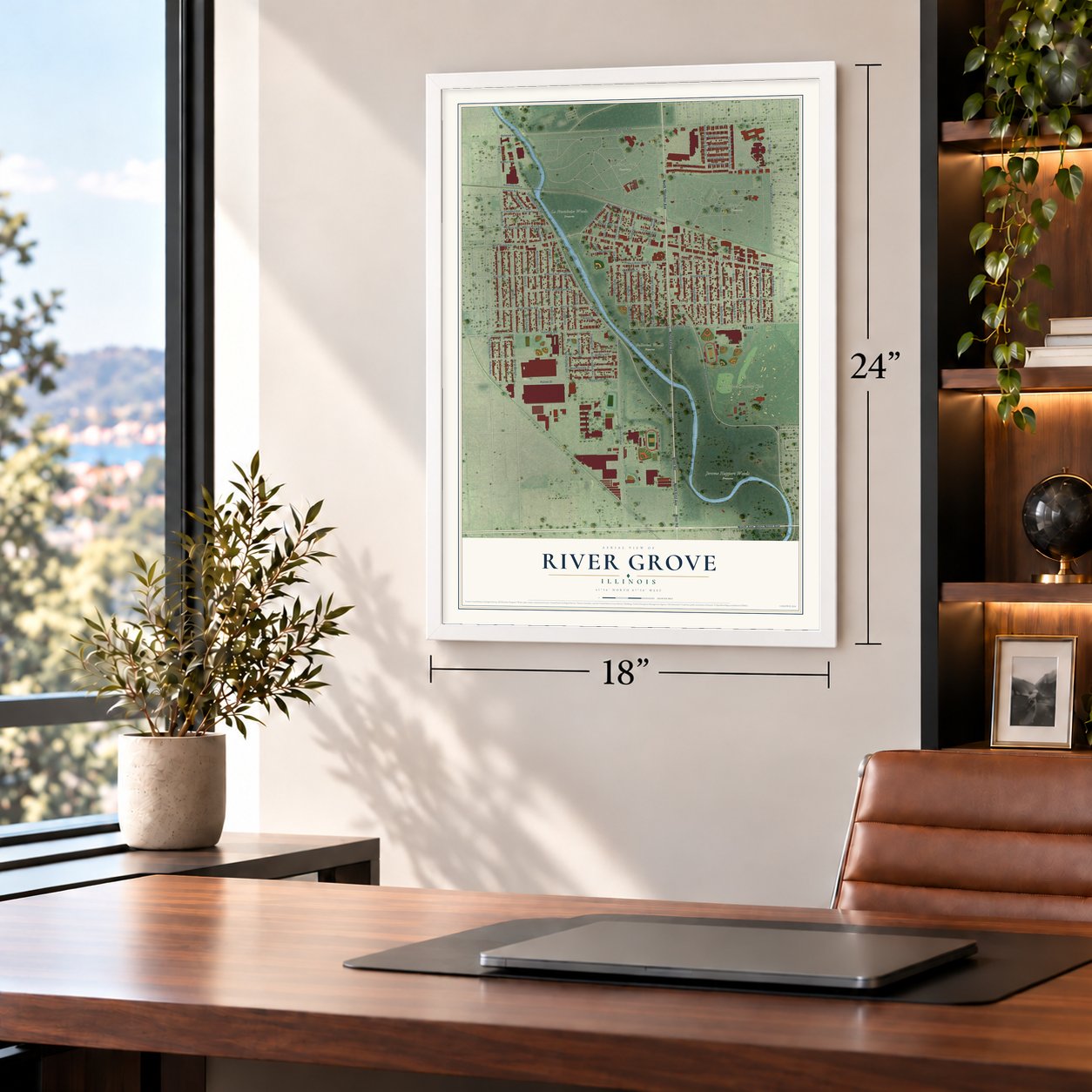 River Grove, Illinois map, 18 x 24 inch print in a white frame in a home office