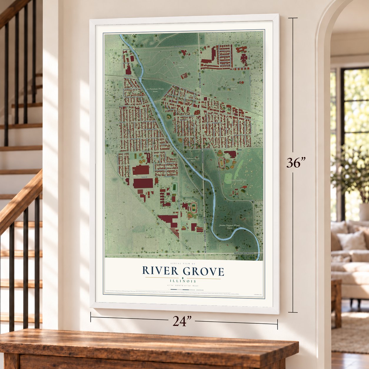 River Grove, Illinois map, 24 x 36 inch print in a white frame by a staircase
