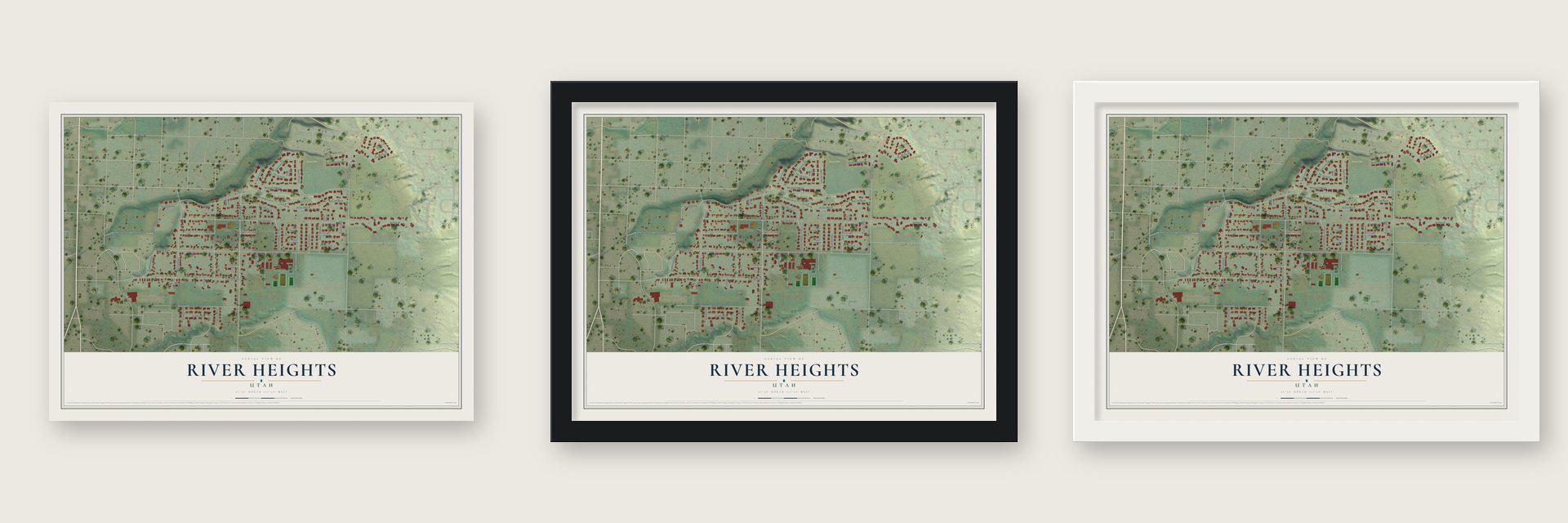 River Heights, Utah map unframed, in a black wood frame and in a white wood frame