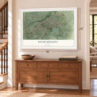 River Heights, Utah map, 24 x 36 inch print in a white frame above a dresser by a staircase