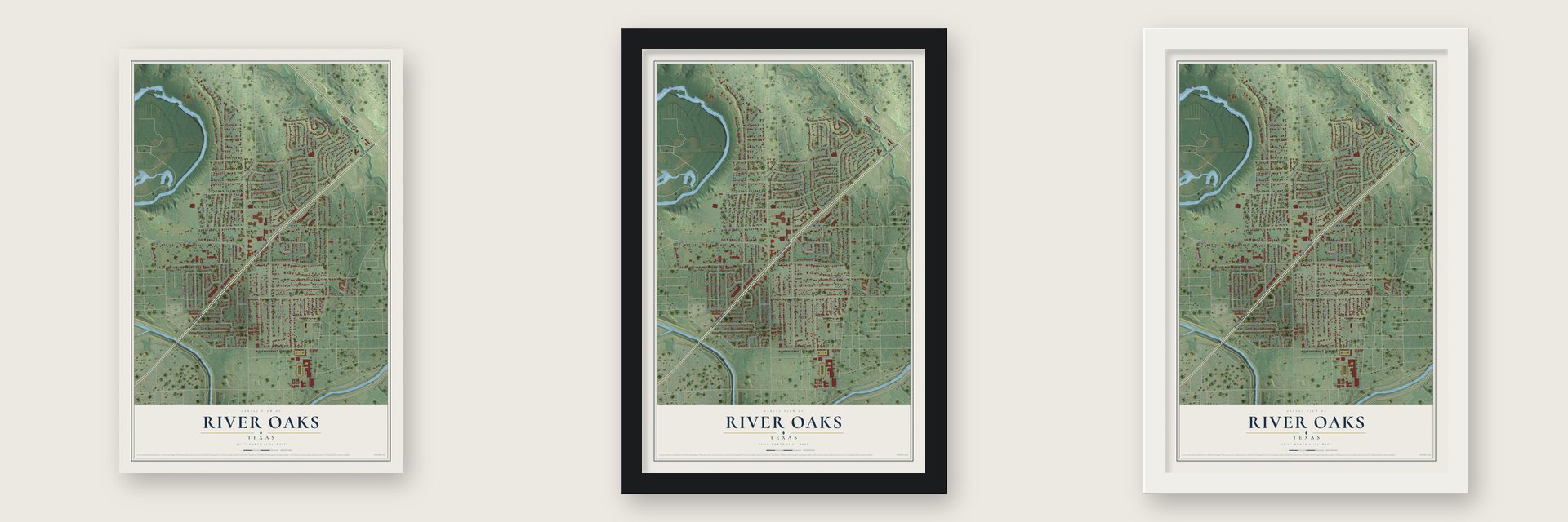 River Oaks, Texas map unframed, in a black wood frame and in a white wood frame