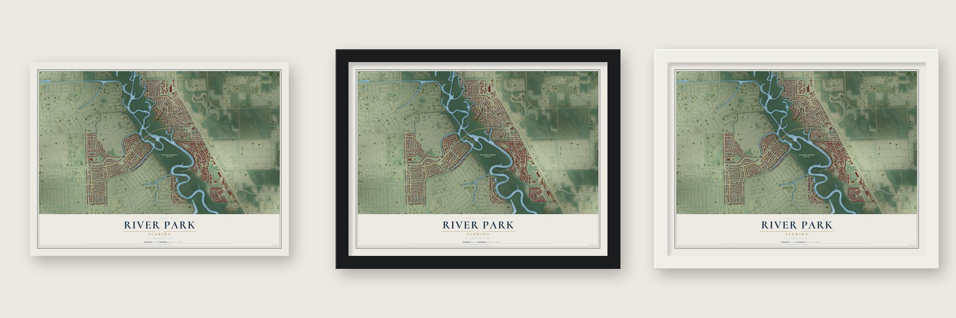 River Park, Florida map unframed, in a black wood frame and in a white wood frame