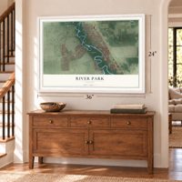 River Park, Florida map, 24 x 36 inch print in a white frame above a dresser by a staircase