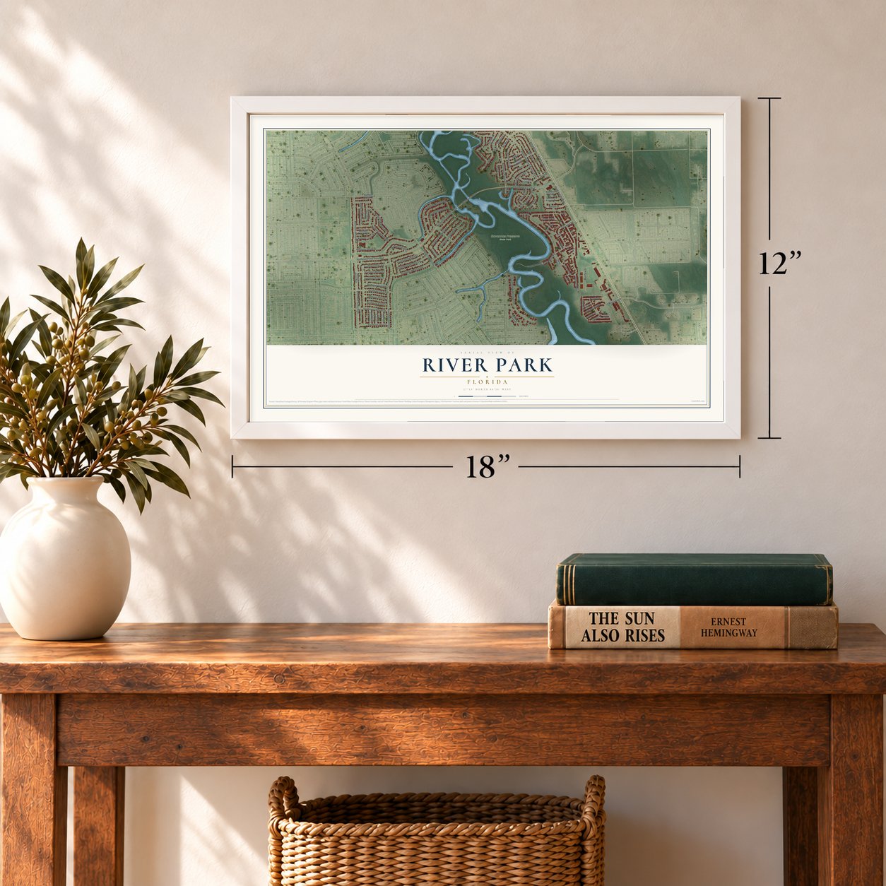 River Park, Florida map, 12 x 18 inch print in a white frame in an entryway