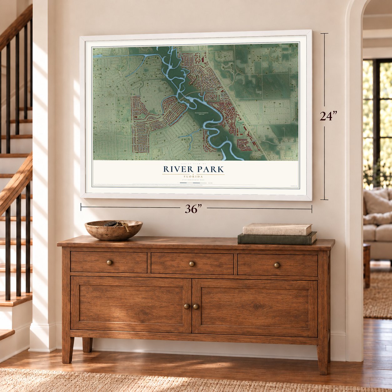 River Park, Florida map, 24 x 36 inch print in a white frame above a dresser by a staircase