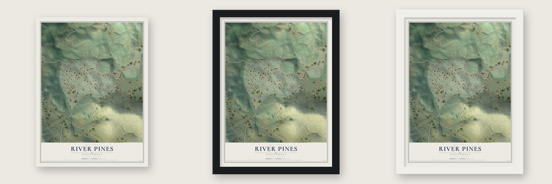 River Pines, California map unframed, in a black wood frame and in a white wood frame