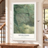 River Pines, California map, 24 x 36 inch print in a white frame by a staircase