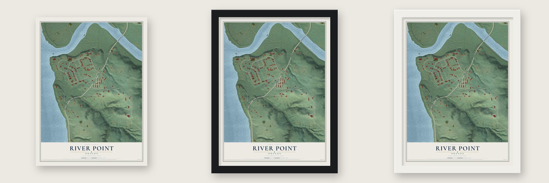 River Point, Oregon map unframed, in a black wood frame and in a white wood frame