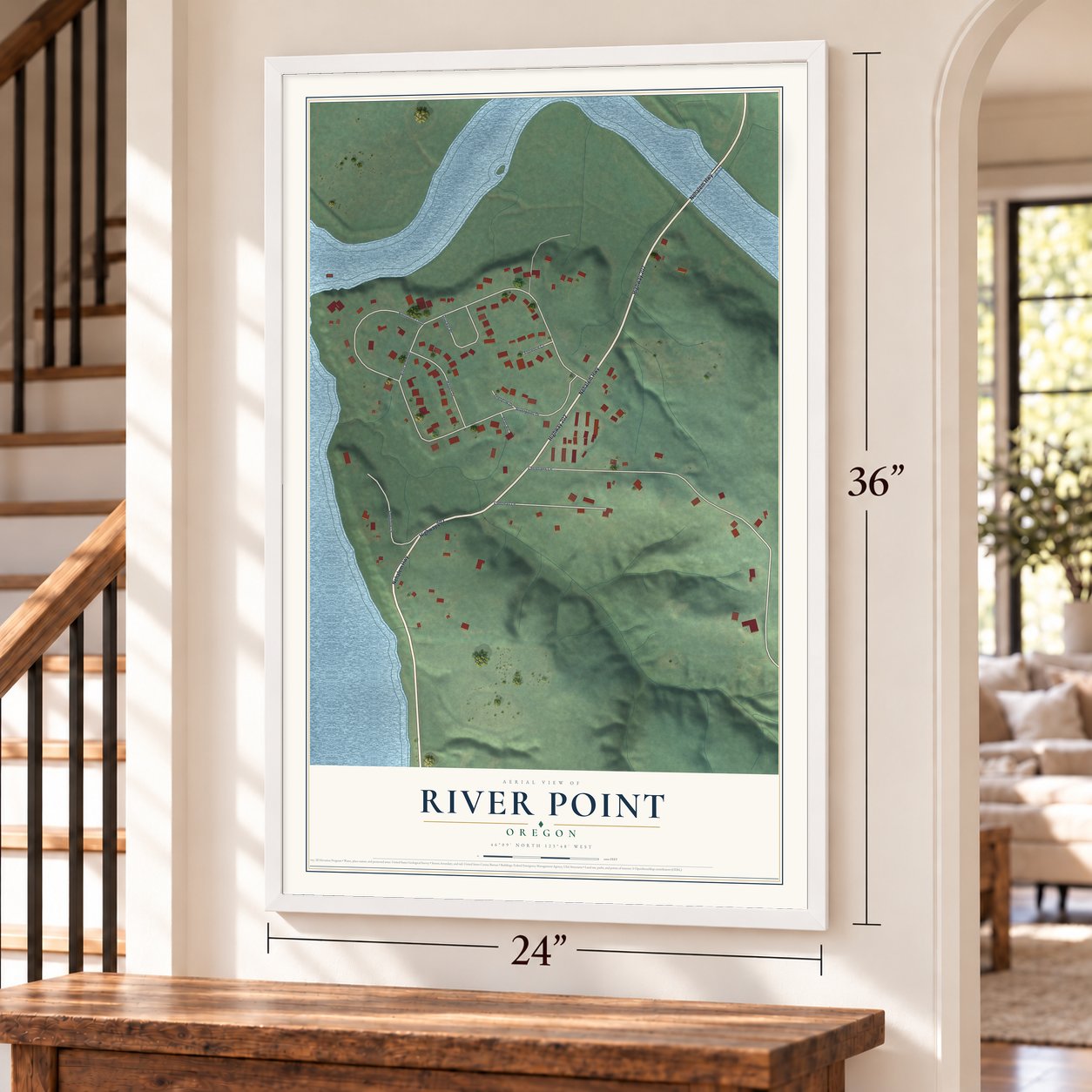 River Point, Oregon map, 24 x 36 inch print in a white frame by a staircase