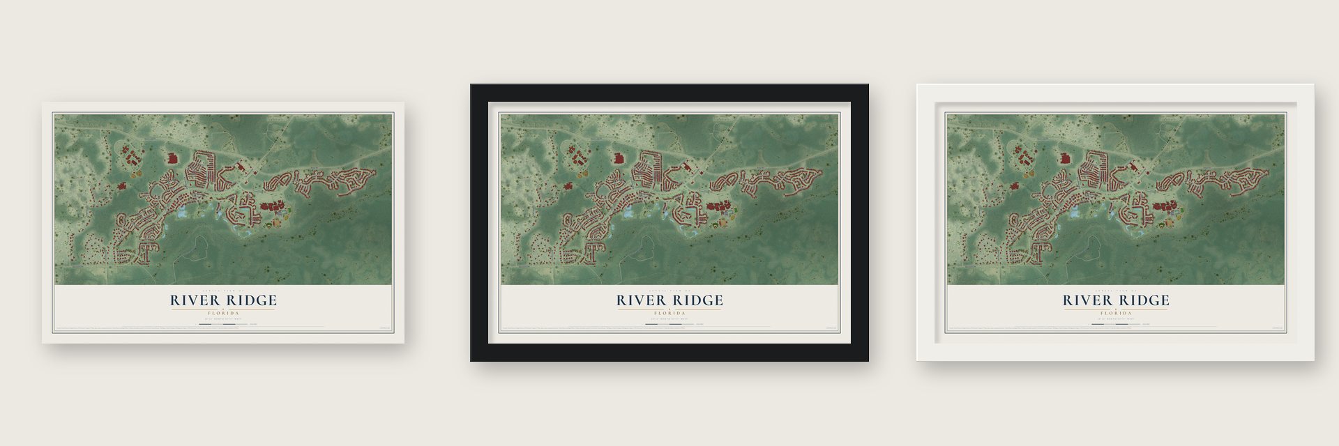 River Ridge, Florida map unframed, in a black wood frame and in a white wood frame