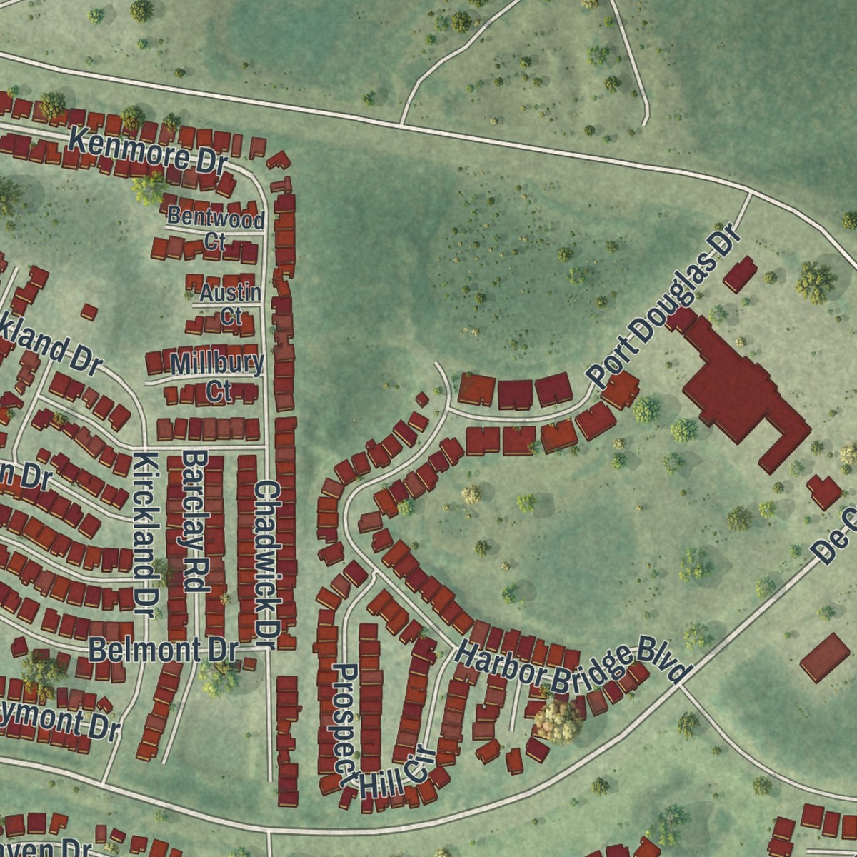 Second close-up of the map of River Ridge, Florida print showing more streets and buildings