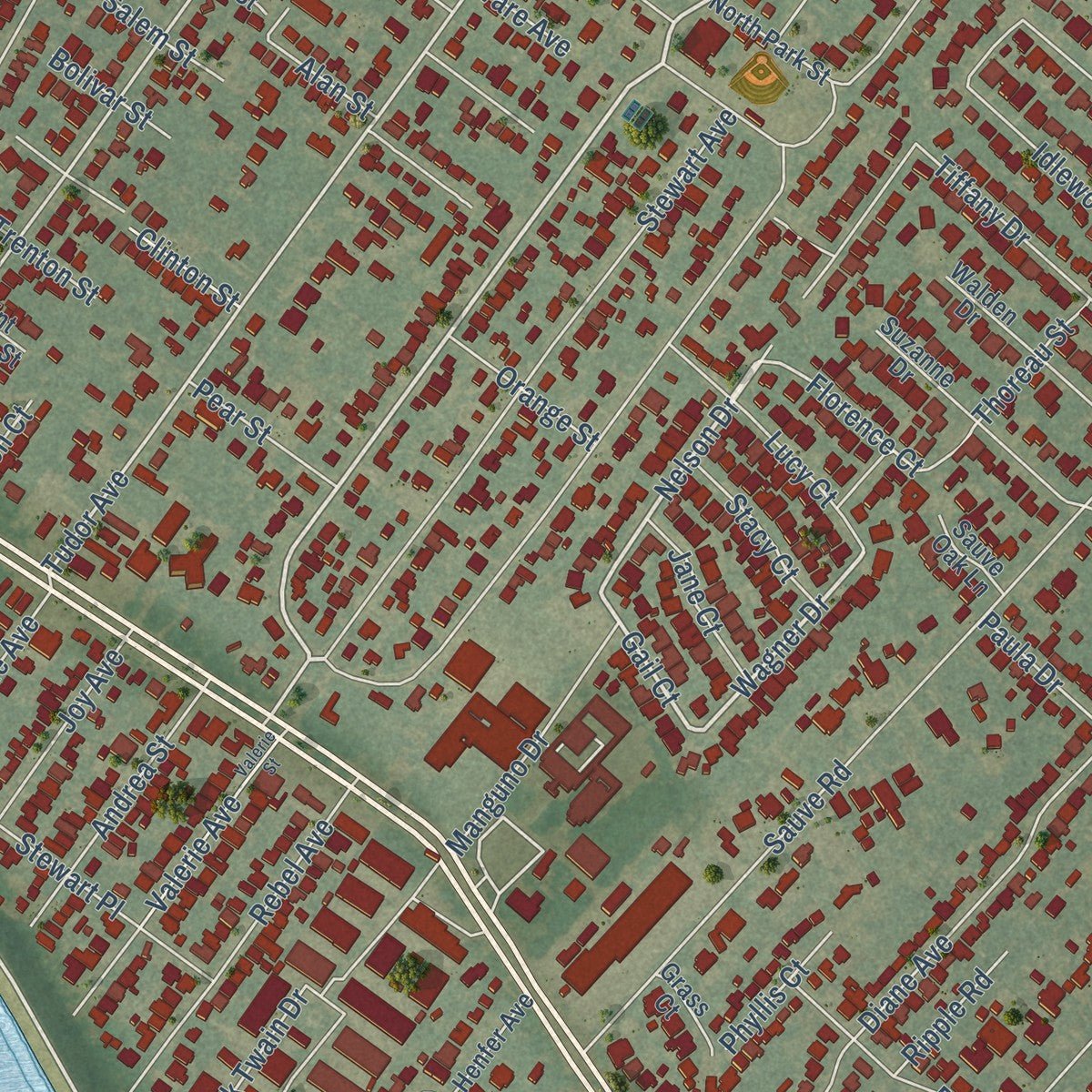Second close-up of the map of River Ridge, Louisiana print showing more streets and buildings