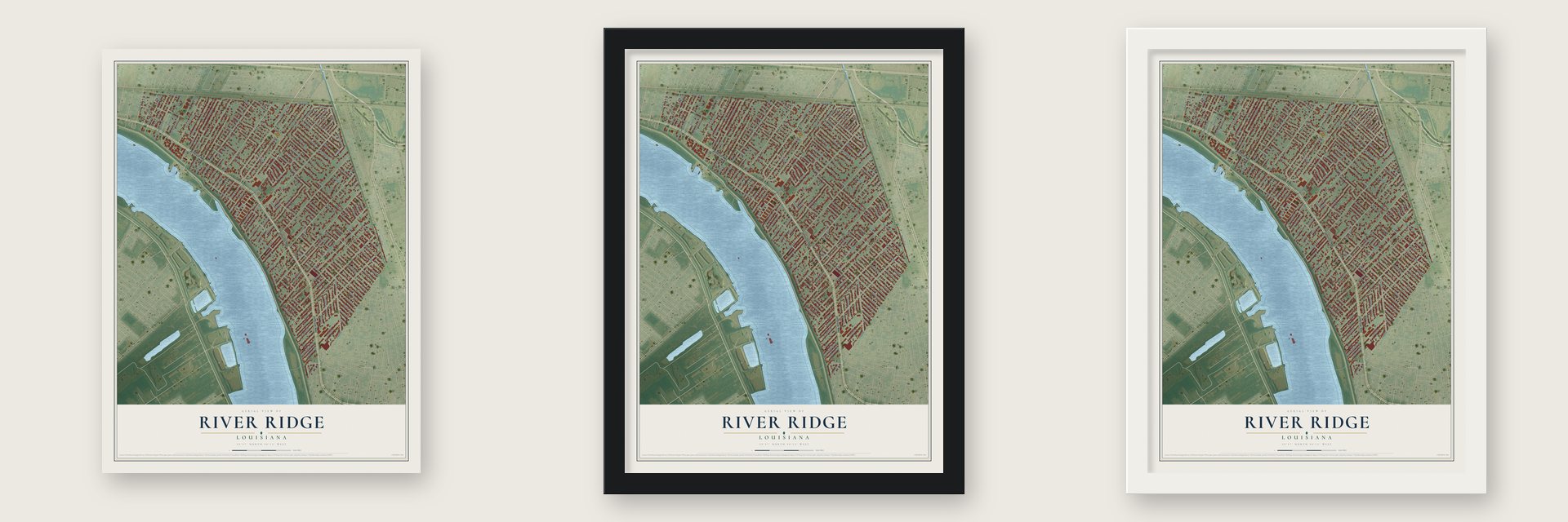 River Ridge, Louisiana map unframed, in a black wood frame and in a white wood frame