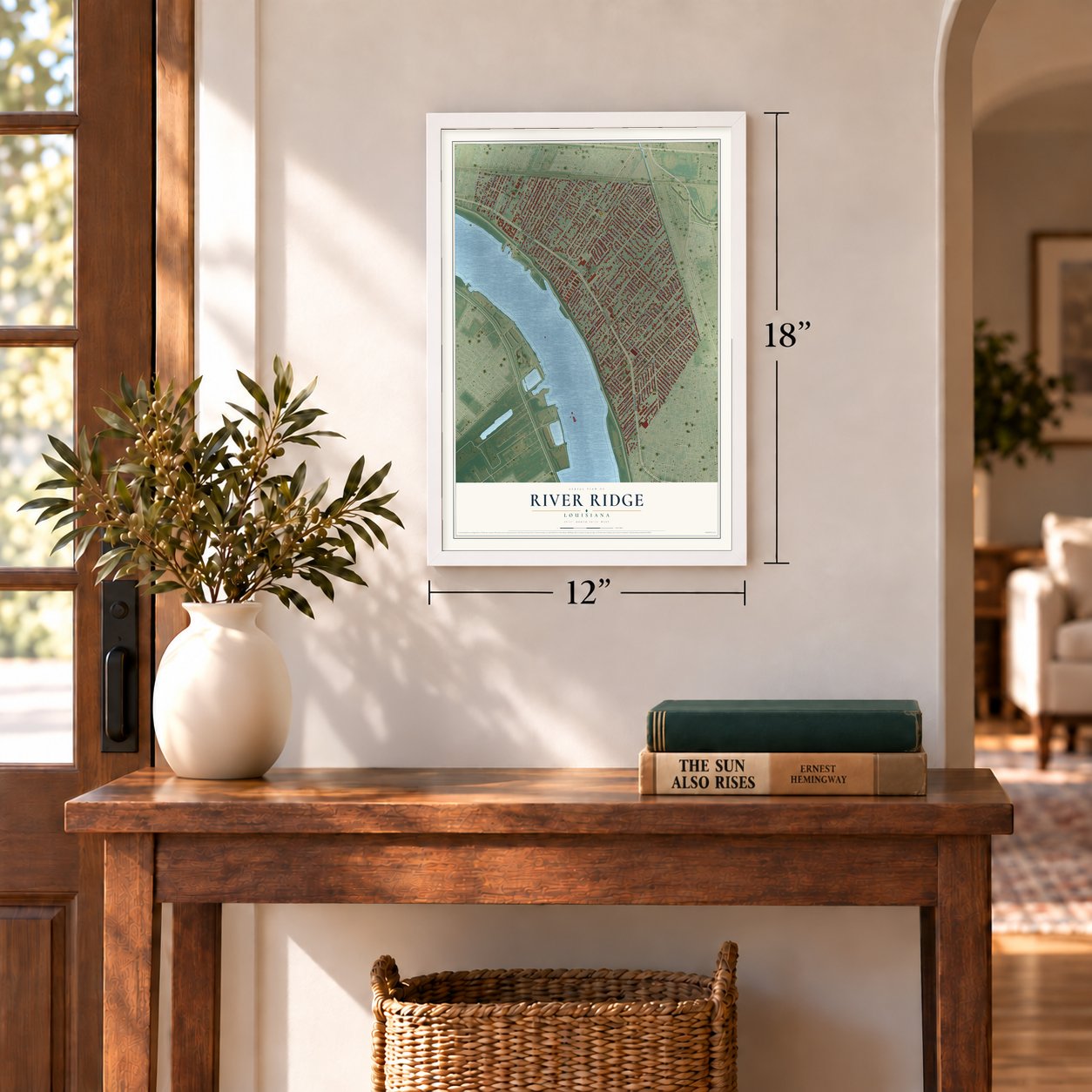 River Ridge, Louisiana map, 12 x 18 inch print in a white frame in an entryway