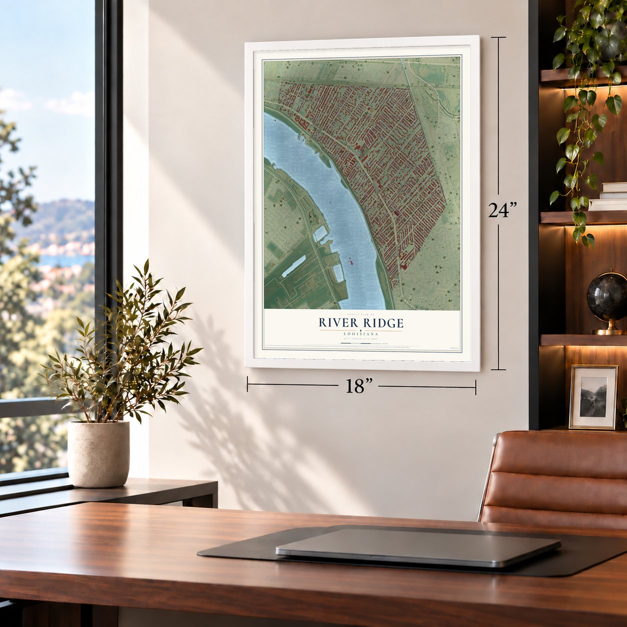 River Ridge, Louisiana map, 18 x 24 inch print in a white frame in a home office