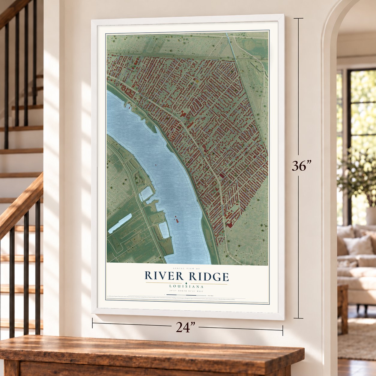River Ridge, Louisiana map, 24 x 36 inch print in a white frame by a staircase