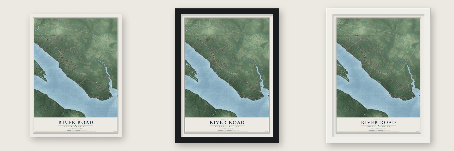 River Road, North Carolina map unframed, in a black wood frame and in a white wood frame