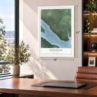 River Road, North Carolina map, 18 x 24 inch print in a white frame in a home office