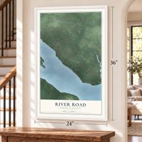 River Road, North Carolina map, 24 x 36 inch print in a white frame by a staircase