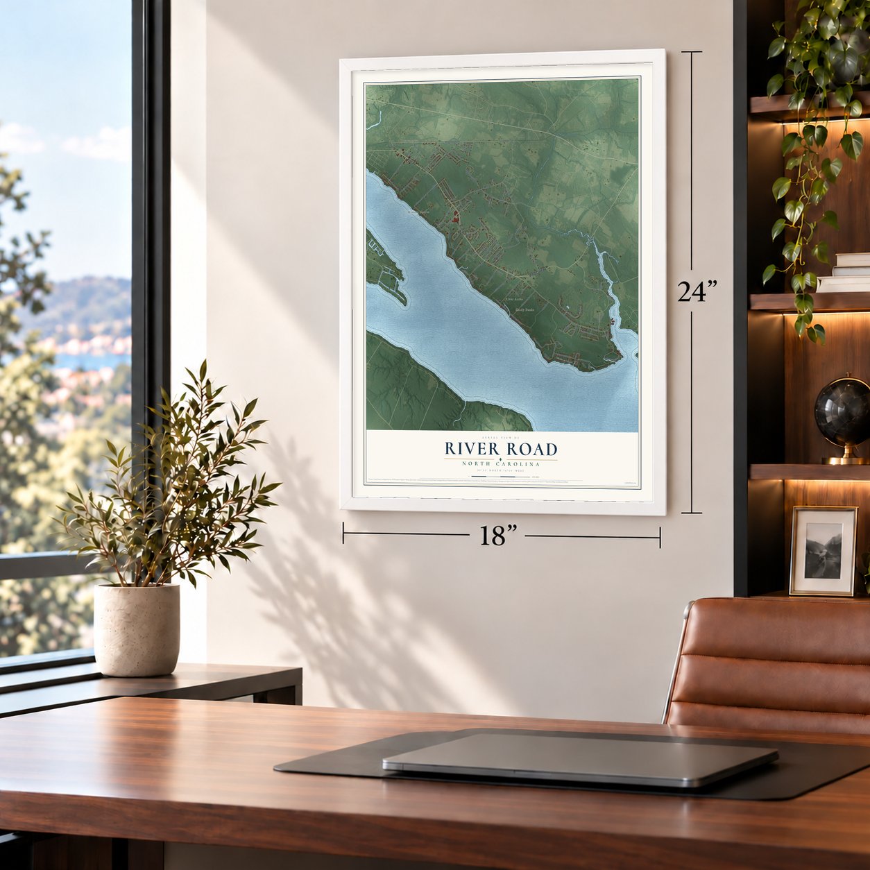 River Road, North Carolina map, 18 x 24 inch print in a white frame in a home office