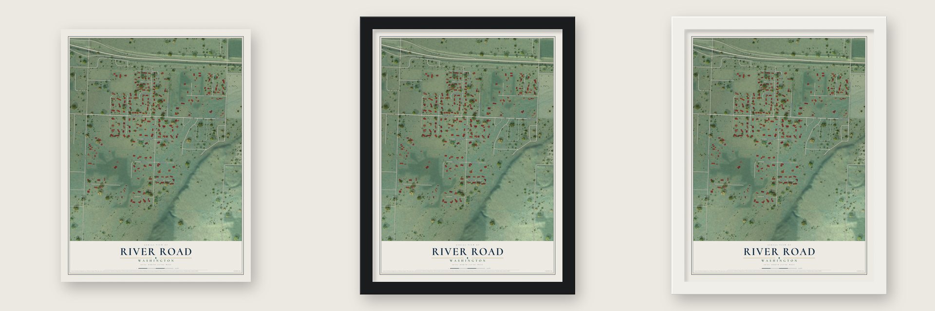 River Road, Washington map unframed, in a black wood frame and in a white wood frame