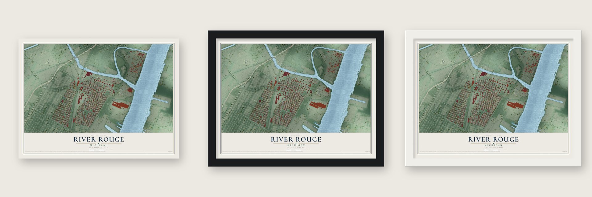 River Rouge, Michigan map unframed, in a black wood frame and in a white wood frame