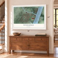 River Rouge, Michigan map, 24 x 36 inch print in a white frame above a dresser by a staircase