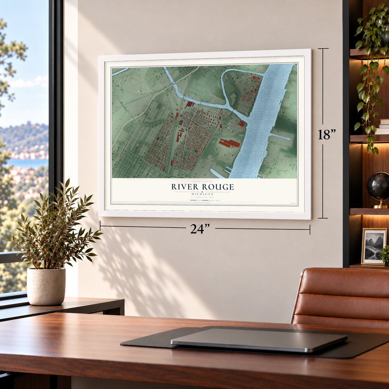 River Rouge, Michigan map, 18 x 24 inch print in a white frame in a home office