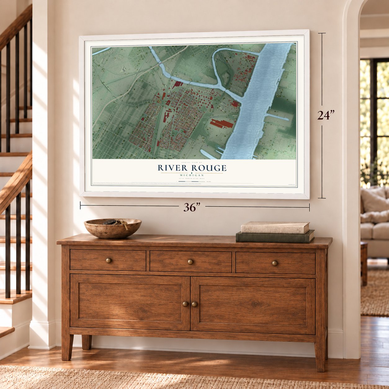 River Rouge, Michigan map, 24 x 36 inch print in a white frame above a dresser by a staircase