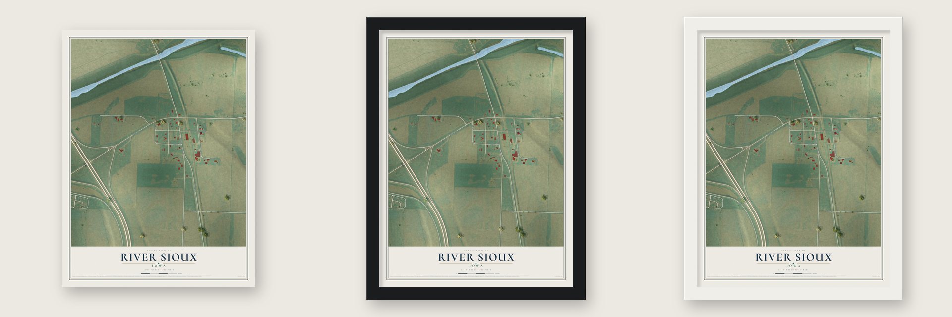 River Sioux, Iowa map unframed, in a black wood frame and in a white wood frame