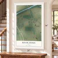 River Sioux, Iowa map, 24 x 36 inch print in a white frame by a staircase