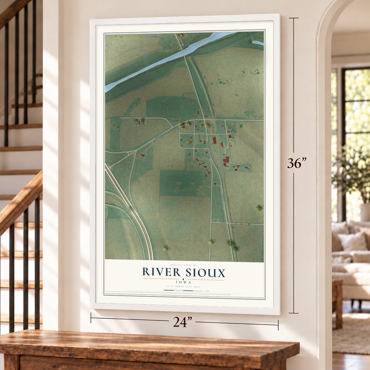 River Sioux, Iowa map, 24 x 36 inch print in a white frame by a staircase
