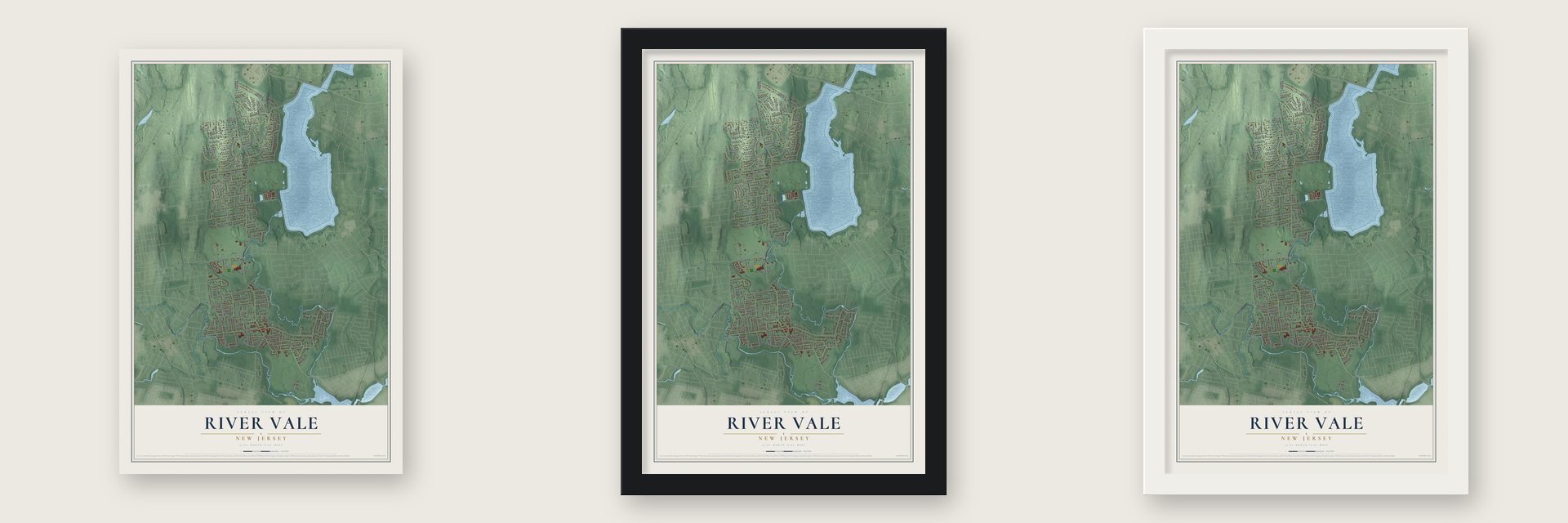 River Vale, New Jersey map unframed, in a black wood frame and in a white wood frame