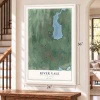 River Vale, New Jersey map, 24 x 36 inch print in a white frame by a staircase