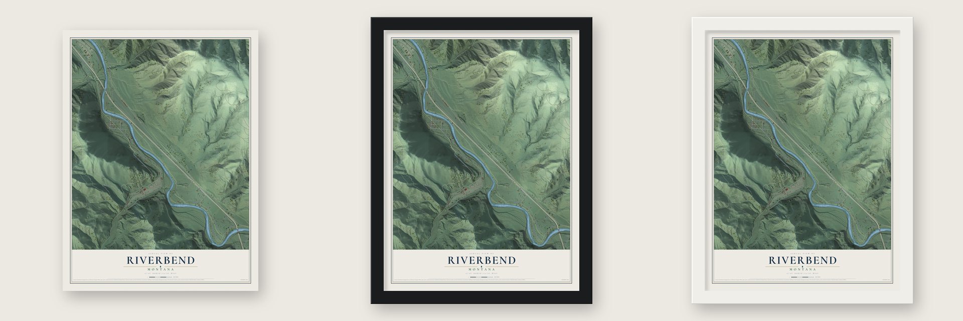 Riverbend, Montana map unframed, in a black wood frame and in a white wood frame