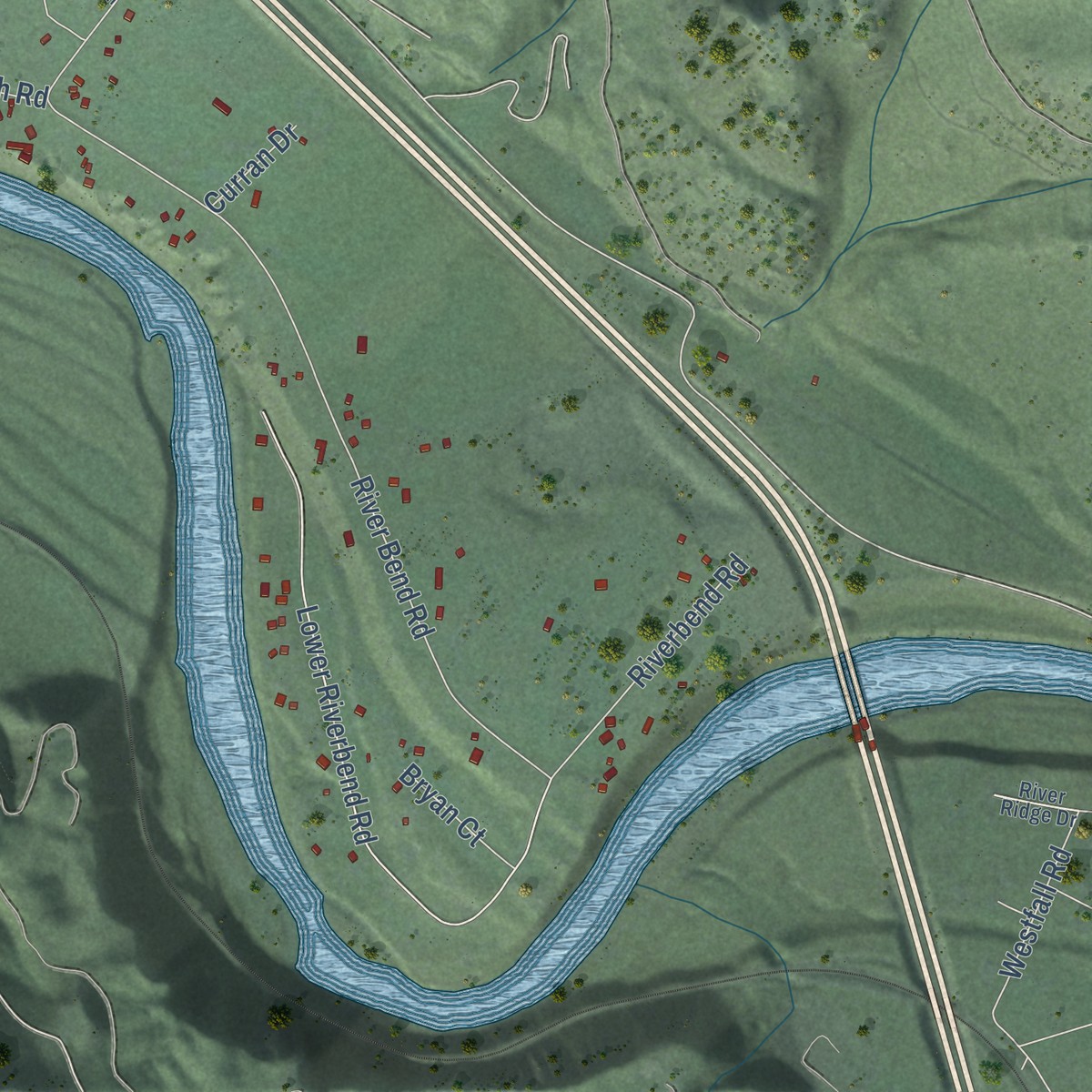 Second close-up of the map of Riverbend, Montana print showing more streets and buildings