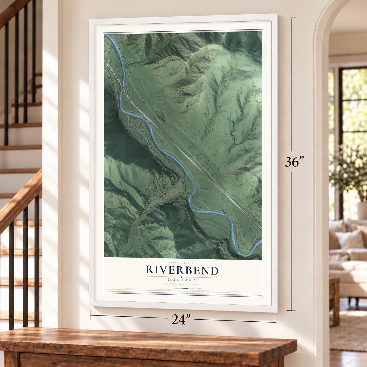 Riverbend, Montana map, 24 x 36 inch print in a white frame by a staircase