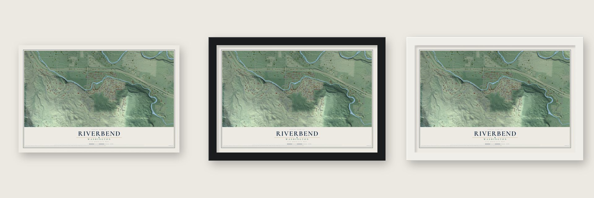 Riverbend, Washington map unframed, in a black wood frame and in a white wood frame