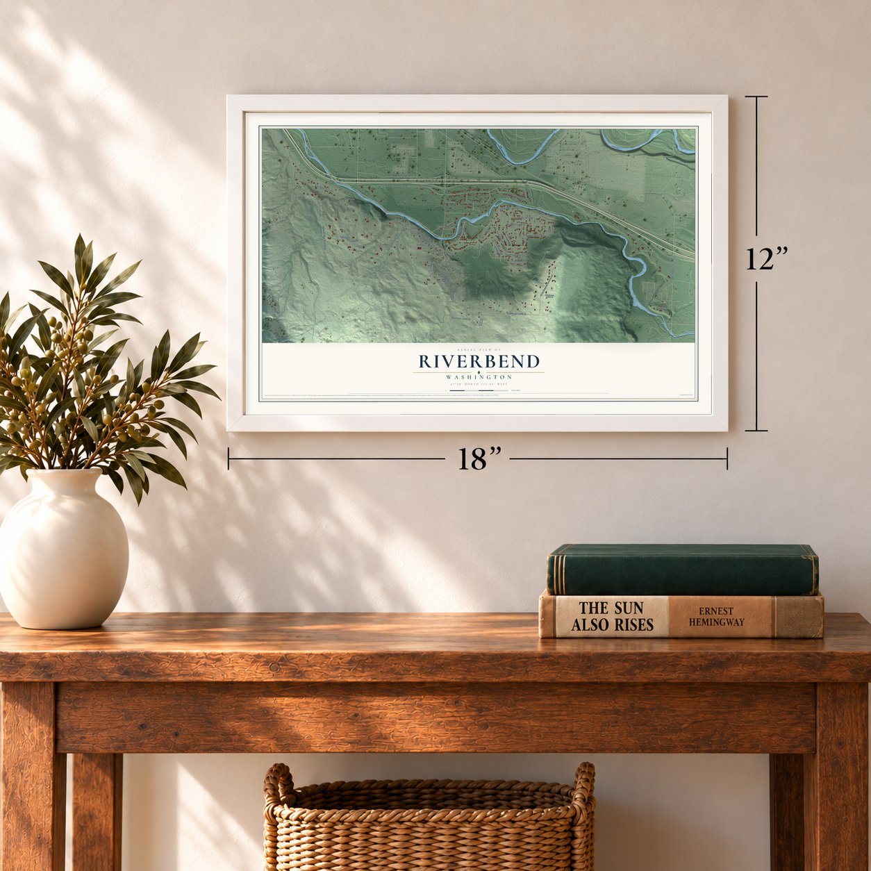 Riverbend, Washington map, 12 x 18 inch print in a white frame in an entryway