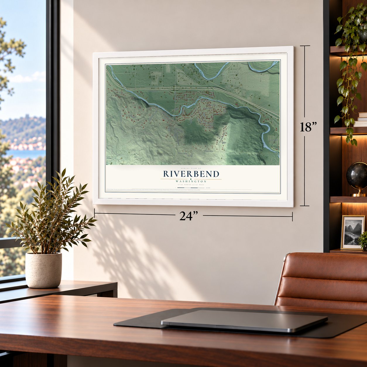 Riverbend, Washington map, 18 x 24 inch print in a white frame in a home office