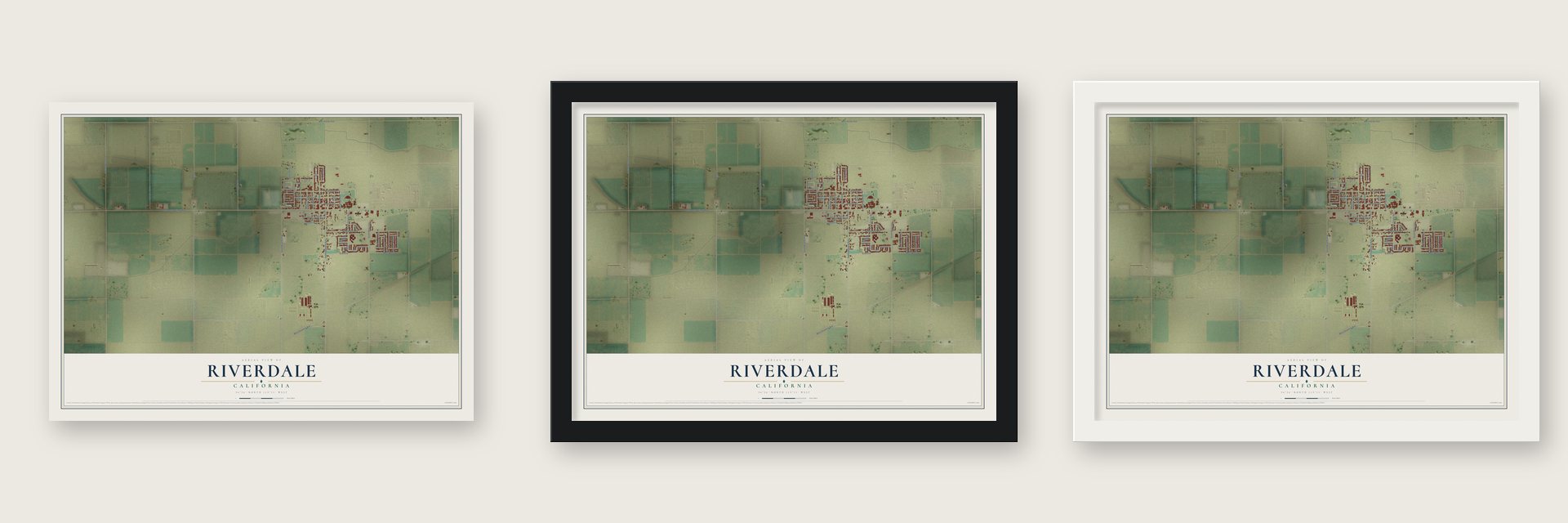 Riverdale, California map unframed, in a black wood frame and in a white wood frame