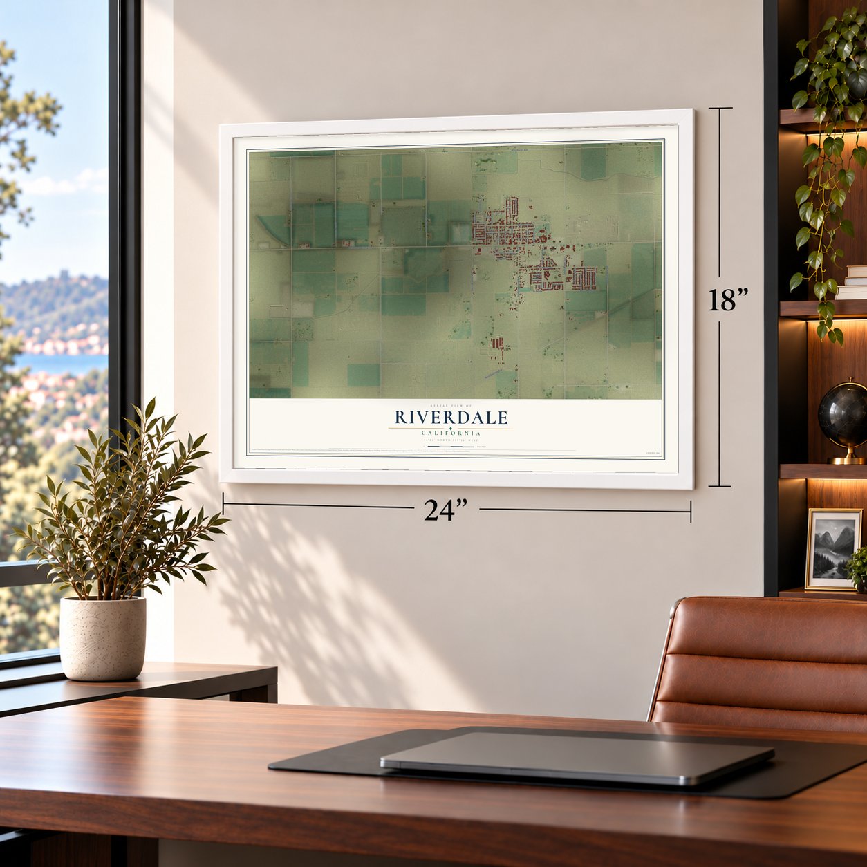 Riverdale, California map, 18 x 24 inch print in a white frame in a home office