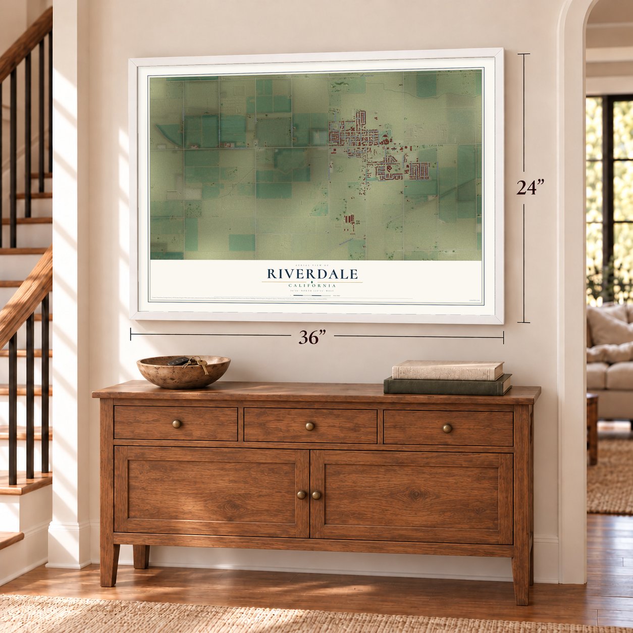 Riverdale, California map, 24 x 36 inch print in a white frame above a dresser by a staircase